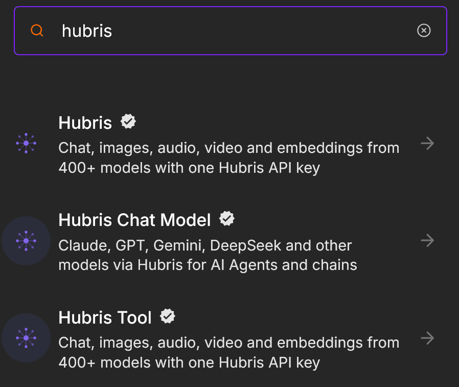 Панель узлов n8n: поиск «hubris» находит узлы Hubris, Hubris Chat Model и Hubris Tool со знаком проверенного пакета