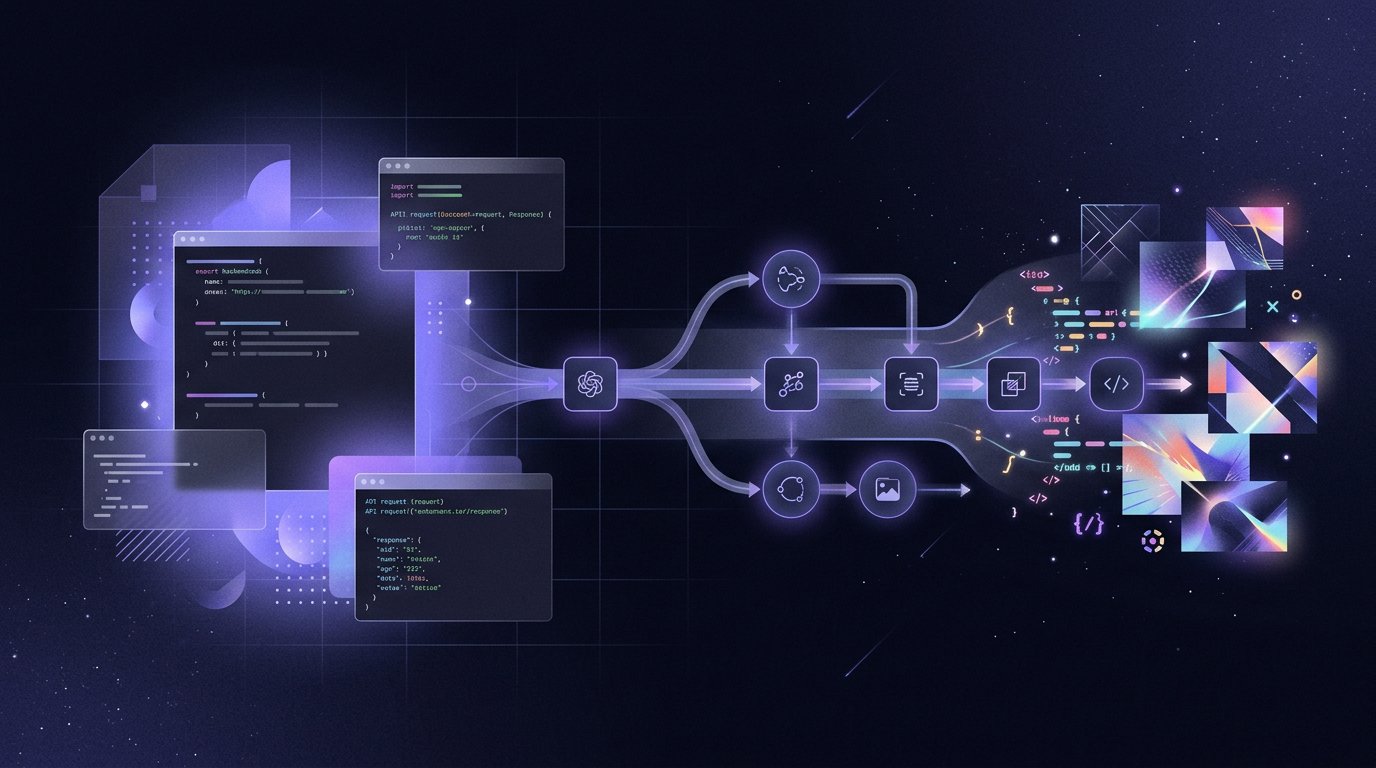 Разработчик работает с API генерации изображений: запрос и ответ через Hubris